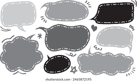 Conjunto de pegatina de memo lindo de estilo dibujado a mano. Variedad Formas abstractas de la burbuja del habla. cita marcos de escala de grises en blanco con dibujo de crayón. Nube de globos de cuadro de chat. Vector de colección de etiquetas de texto.
