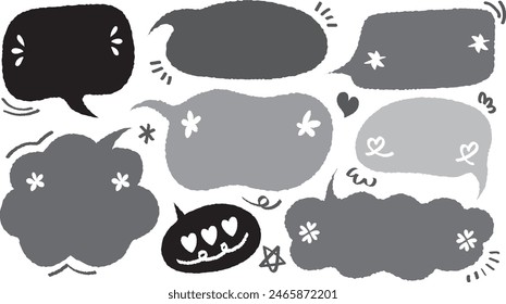 Set of hand drawn style cute memo sticker. Variety abstract shapes of  speech bubble. quote gray scale frames blank with crayon draw. Chat box balloon cloud. Label tag collection vector for text.