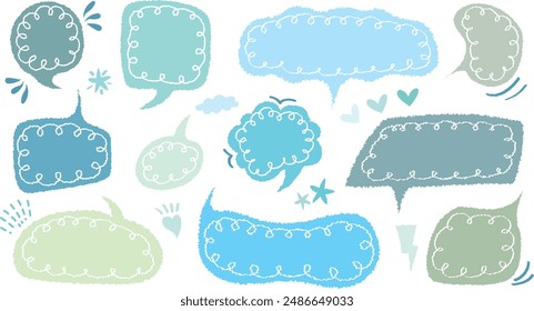 Set of hand drawn style cute memo sticker. Variety abstract shapes of blue speech bubble. Girl style frame with crayon draw. Chat box balloon cloud. Sweet retro label tag collection vector for text