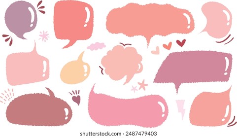 Set of hand drawn style cute memo sticker. Variety abstract shapes of pink speech bubble. Girl style frame with crayon draw. Chat box balloon cloud. Sweet retro label tag collection vector for text  