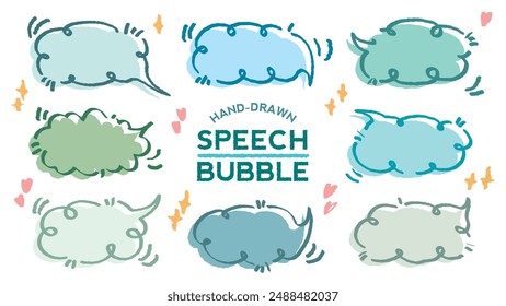 Set of hand drawn style cute memo sticker. Variety abstract shapes of blue speech bubble. Girl style frame with crayon draw. Chat box balloon cloud. Sweet retro label tag collection vector for text