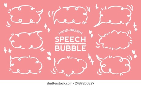 Set of hand drawn style cute memo sticker with pink background. Variety abstract shapes of white speech bubble. Crayon draw style frame . Chat box balloon cloud. Retro blank label tag vector for text