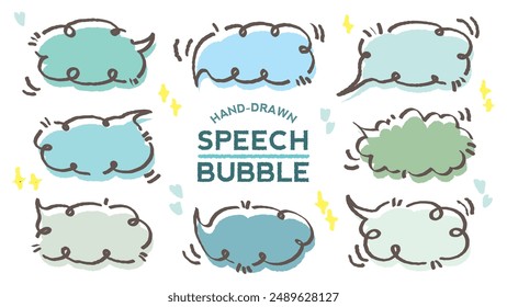 Set of hand drawn style cute memo sticker. Variety abstract shapes of blue speech bubble. Girl style frame with crayon draw. Chat box balloon cloud. Sweet retro label tag collection vector for text