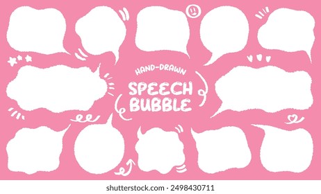 Conjunto de etiqueta engomada linda de la nota del estilo dibujado a mano con fondo rosado. Variedad Formas abstractas de la burbuja blanca del discurso. Marco de estilo de dibujo de crayón . Nube de globo de cuadro de chat. Vector de etiqueta de etiqueta en blanco retro para texto