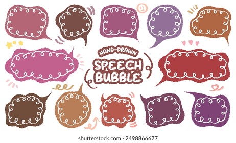 Set of hand drawn style cute memo sticker. Variety abstract shapes of dark pink speech bubble. Girl style frame with crayon draw Chat box balloon cloud Sweet retro label tag collection vector for text