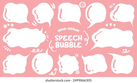 Set of hand drawn style cute memo sticker with pink background. Variety abstract shapes of white speech bubble. Crayon draw style frame . Chat box balloon cloud. Retro blank label tag vector for text