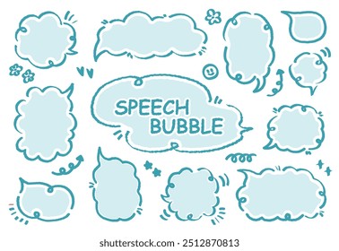 Conjunto de etiqueta engomada linda de la nota del estilo dibujado a mano. Variedad Formas abstractas de la burbuja azul del discurso. Marco del estilo de la muchacha con el dibujo del crayón. Nube de globo de cuadro de chat. Vector de colección de etiqueta de etiqueta retro dulce para texto