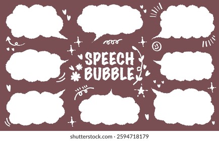 Set of hand drawn style cute memo sticker. Variety abstract shapes of pink speech bubble. Girl style frame with crayon draw. Chat box balloon cloud. Sweet retro label tag collection vector for text