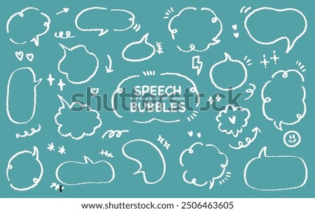 Set of hand drawn style cute memo sticker with blue background. Variety abstract shapes of white speech bubble. Crayon draw style frame . Chat box balloon cloud.Retro blank label tag vector for text