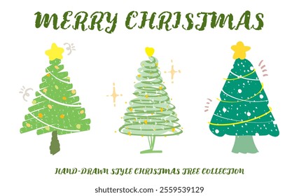 Set of hand drawn style green color Christmas tree with star ball heart decoration vector. Crayon drawing cute X'mas trees decor. Collection of New year holiday tree element Merry Christmas girl retro