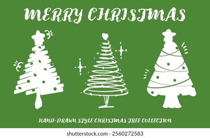 Set of hand drawn style green color Christmas tree with star ball heart decoration vector. Crayon drawing cute X'mas trees decor. Collection of New year holiday tree element Merry Christmas girl retro