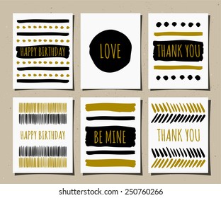 A set of hand drawn style greeting cards in black, golden and white. Birthday, Valentine's Day and Thank You card templates.