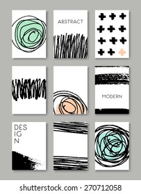 A set of hand drawn style greeting card templates in black and white. Abstract brush strokes and ink doodles pattern designs with copy space. EPS 10 file, transparency effects used.