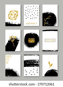 A set of hand drawn style greeting card templates in black, white and golden. Abstract brush strokes, ink doodles and floral element pattern designs with copy space. EPS 10 file, gradient mesh used.