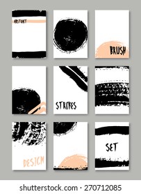 A set of hand drawn style greeting card templates in black and white. Abstract brush strokes and ink doodles pattern designs with copy space. EPS 10 file, gradient mesh used.