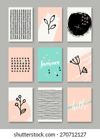 A set of hand drawn style greeting card templates in black, white and pastel pink and blue. Abstract brush strokes, doodles and floral element designs with copy space. EPS 10 file, gradient mesh used.