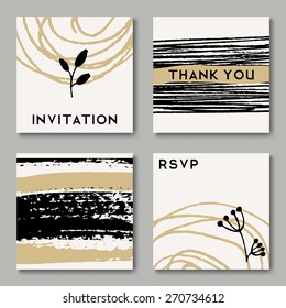 A set of hand drawn style greeting card templates in black, white and golden. Abstract brush strokes, ink doodles and floral element pattern designs with copy space. EPS 10 file, gradient mesh used.