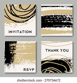 A set of hand drawn style greeting card templates in black, white and golden. Abstract brush strokes and ink doodle pattern designs with copy space. EPS 10 file, gradient mesh used.