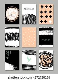 A set of hand drawn style greeting card templates in black, white and peach pink. Abstract brush strokes and ink doodle designs with copy space. EPS 10 file, transparency effects used.