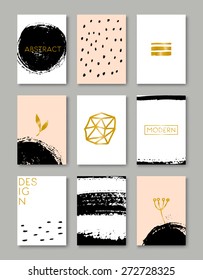 A set of hand drawn style greeting card templates in black, white, gold and peach pink. Abstract brush strokes and ink doodle designs with copy space. EPS 10 file, transparency effects used.