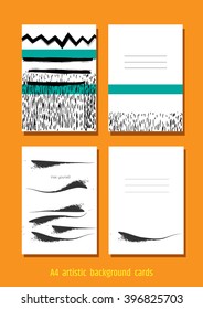 A set of hand drawn style greeting card templates in black, white and teal colors. Abstract brush strokes, doodles and geometrical elements design. Two sided template (front and back).