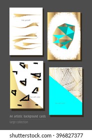 A set of hand drawn style greeting card templates in gold, black, white and teal colors. Abstract brush strokes, doodles and geometrical elements design. A4 size.