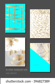 A set of hand drawn style greeting card templates in gold, white and teal colors. Abstract brush strokes, doodles and geometrical elements design. A4 size.