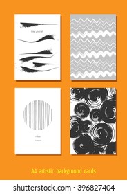 A set of hand drawn style greeting card templates in black and white colors. Abstract brush strokes, doodles and geometrical elements design. A4, A5 size.
