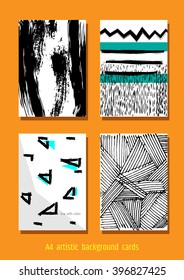 A set of hand drawn style greeting card templates in black, white and teal colors. Abstract brush strokes, doodles and geometrical elements design. A4, A5 size.