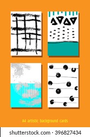 A set of hand drawn style greeting card templates in black, white and teal colors. Abstract brush strokes, doodles and geometrical elements design. A4, A5 size.