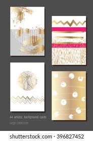 A set of hand drawn style greeting card templates in gold, white and pink colors. Abstract brush strokes, doodles and geometrical elements design. A4, A5 size.