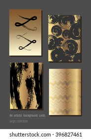 A set of hand drawn style greeting card templates in gold and black colors. Abstract brush strokes, doodles and geometrical elements design. A4 size.