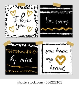 A set of hand drawn style greeting cards in black, golden and white. Valentine s Day card templates. Brush design elements.