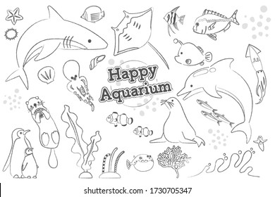 A set of hand drawn style illustrations of different fish and mammals, seaweeds and mollusks in the aquarium.