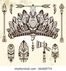 Set of hand drawn style illustrations: warrior bonnet, totem ax, arrows and feathers. Good for use in boho and tribal design projects.