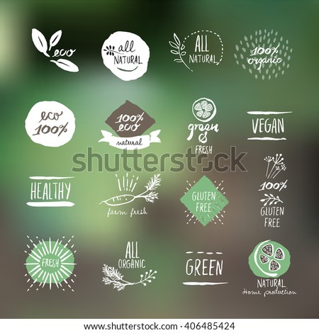 Set of hand drawn style labels and elements for organic food and drink, natural products, restaurant, healthy food market and production, on the nature background. Vector illustrations.