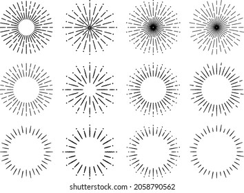 A set of hand drawn style line drawing illustrations of radial circular lights