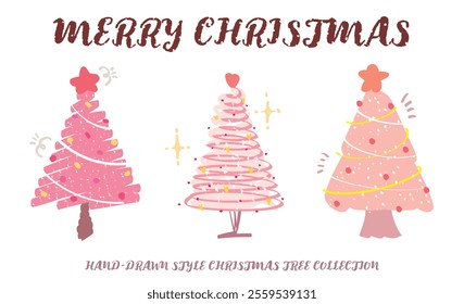 Set of hand drawn style pink color Christmas tree with star ball heart decoration vector. Crayon drawing cute X'mas trees decor. Collection of New year holiday tree element Merry Christmas girl retro