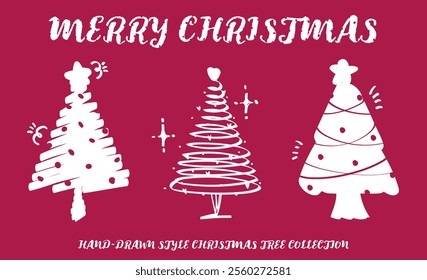 Set of hand drawn style pink color Christmas tree with star ball heart decoration vector. Crayon drawing cute X'mas trees decor. Collection of New year holiday tree element Merry Christmas girl retro