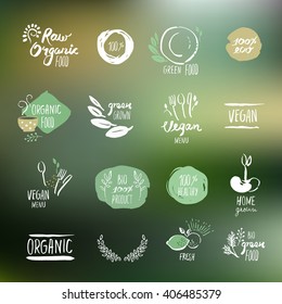 Set of hand drawn style stickers and elements for organic food and drink, natural products, restaurant, healthy food market and production, on the nature background. Vector illustrations.