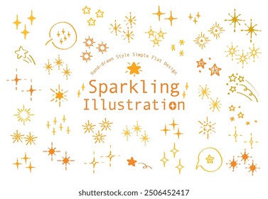 Set of hand drawn style twinkling star vector. Variety of doodle style shine sparkling star in yellow color. Shiny sparks silhouettes. Party sparks, festive sparkle burst or shine glitter starburst.