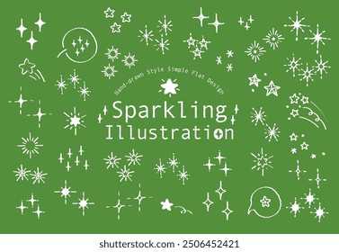 Set of hand drawn style twinkling star vector. Variety of doodle style shine sparkling star on green background. Shiny spark silhouette. Party spark, festive sparkle burst or shine glitter starburst.