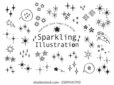 Set of hand drawn style twinkling star vector. Variety of doodle style shine sparkling line out star. Shiny spark silhouette. Party spark, festive sparkle burst or shine glitter starburst.