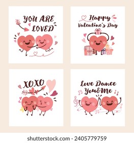 Set of hand drawn style valentine's day cards with love quote.Collection of the heart shape couple lover date.Joyful couple in love concept.Two cute hearts hug kiss dance warm miss love XOXO soulmate.