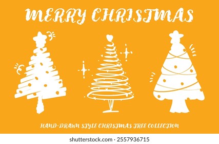 Set of hand drawn style yellow Christmas tree with star ball heart decoration vector. Crayon drawing cute X'mas trees decor. Collection of New year holiday tree element.  golden shiny bright sparkle