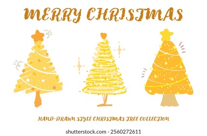 Set of hand drawn style yellow Christmas tree with star ball heart decoration vector. Crayon drawing cute X'mas trees decor. Collection of New year holiday tree element.  golden shiny bright sparkle