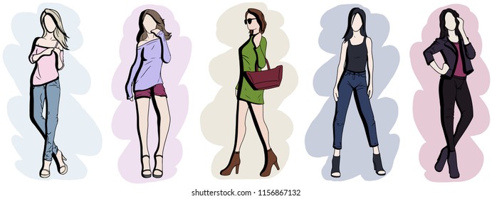 
Set of hand drawn stylish beautiful women in different dress. Fashion model posing. Sketch.