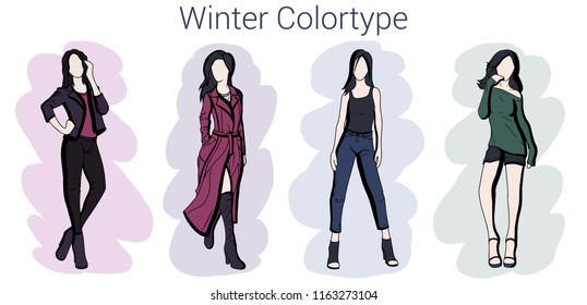 
Set of hand drawn stylish beautiful women in different clothes with "Winter" colortype. Fashion model posing. Sketch.