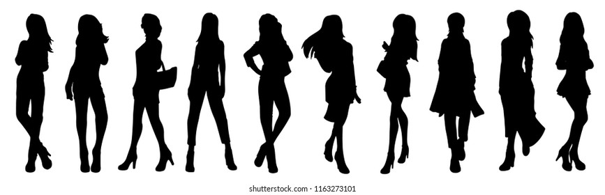 
Set of hand drawn stylish female silhouettes in different poses. Fashion model posing. Sketch.
