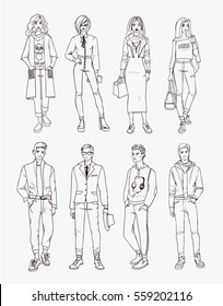 Set of hand drawn stylish young people at street. Collection fashion, trendy youth. Contour illustration.